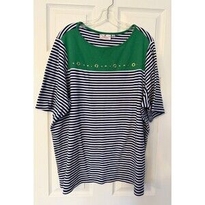 Quacker Factory Navy Striped nautical Embellished womens top shirt 3X XXXL 3XL